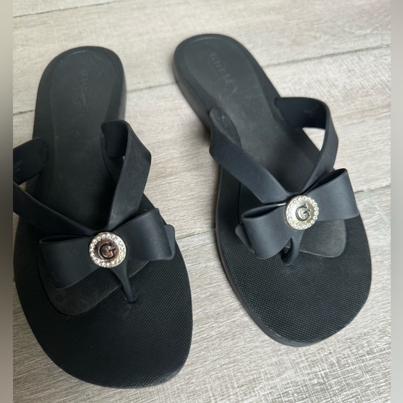 GUESS Bow Black Logo Swarovski Flip Flop Sandals Size 10 - Picture 3 of 9